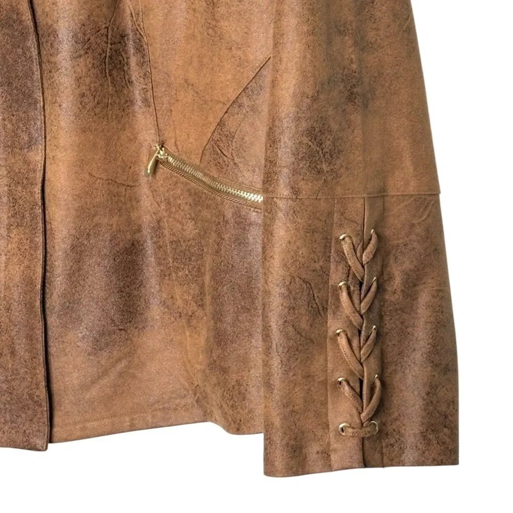 Chicos Faux Suede Moto Jacket US L 12/14 Lace Up Sleeve Details Brown Full Zip